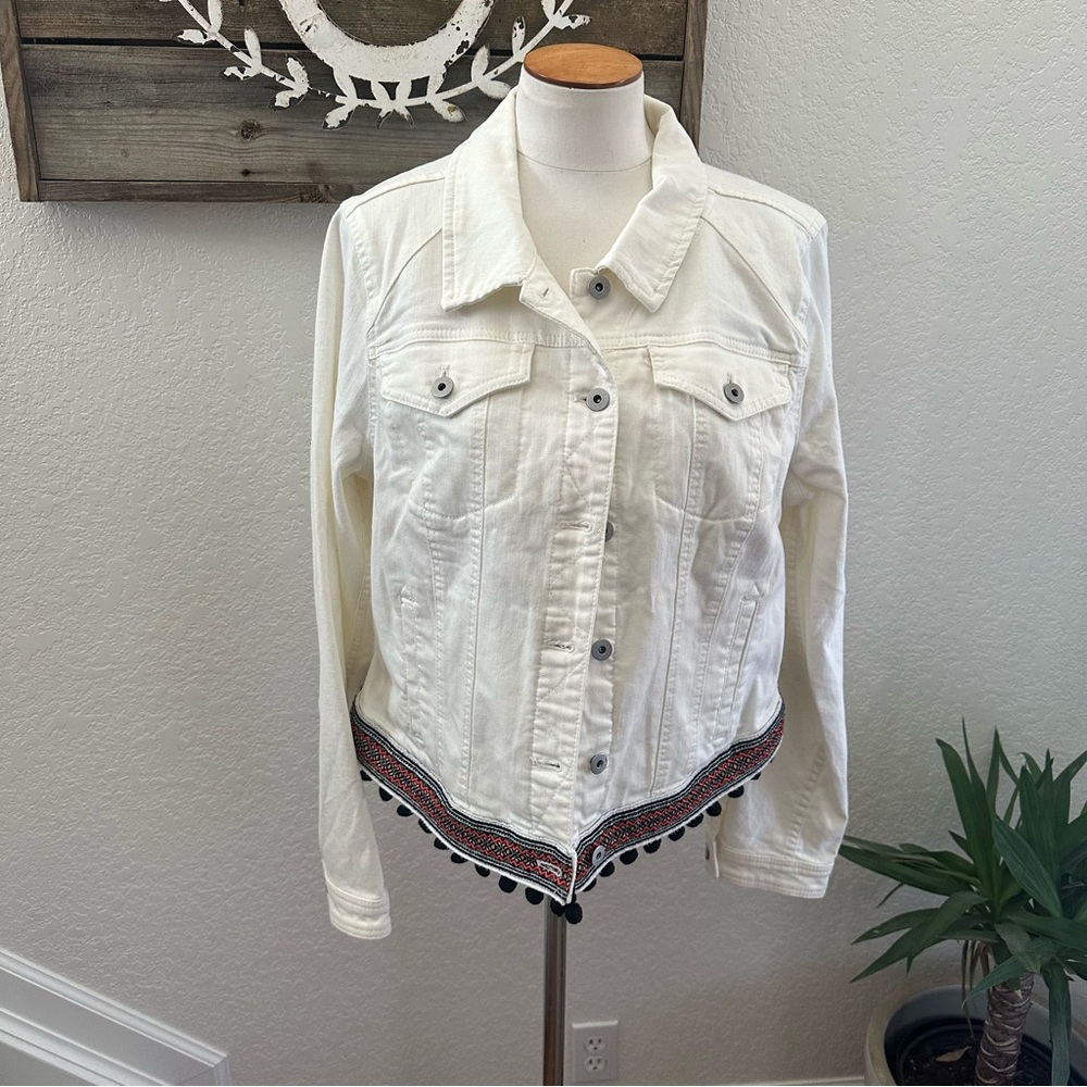 Anthropologie Pilcro White‎ Denim Jacket with Embroidered Pom Pom Hem XL NWT